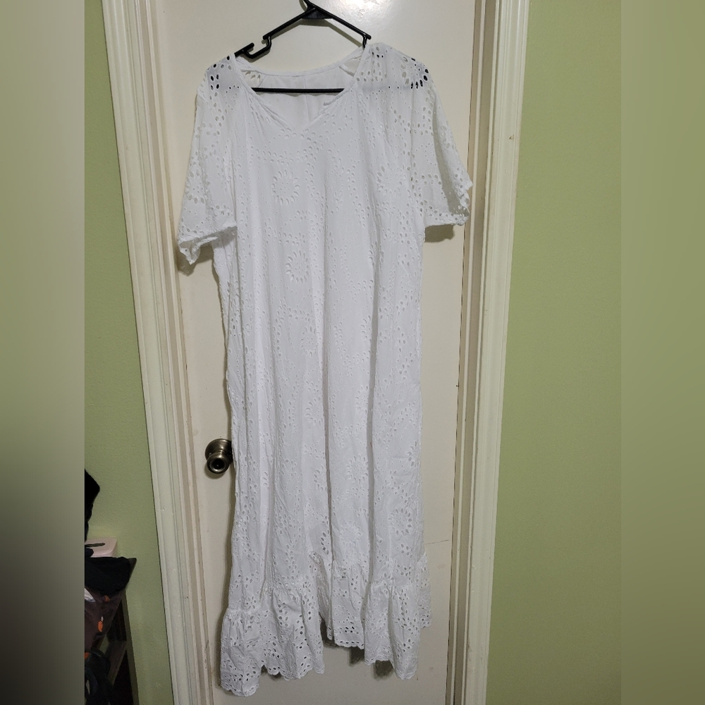 White Ruffle Hem Floral Lace Eyelet Dress Casual Notch Neck Midi Tunic Dress